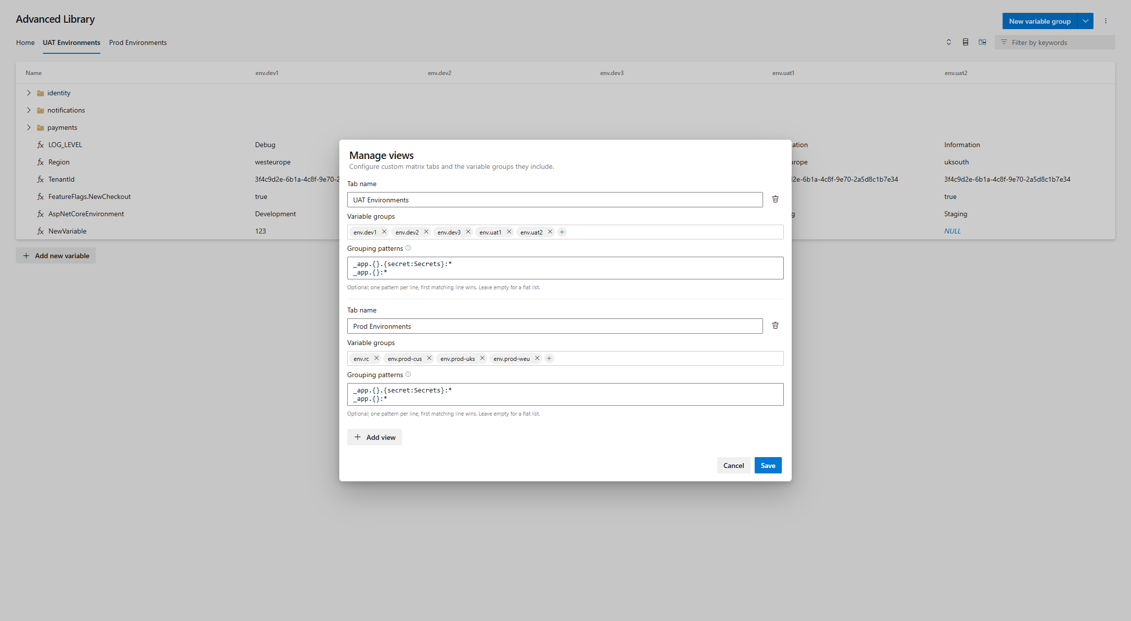 Manage views dialog defining matrix tabs and grouping patterns