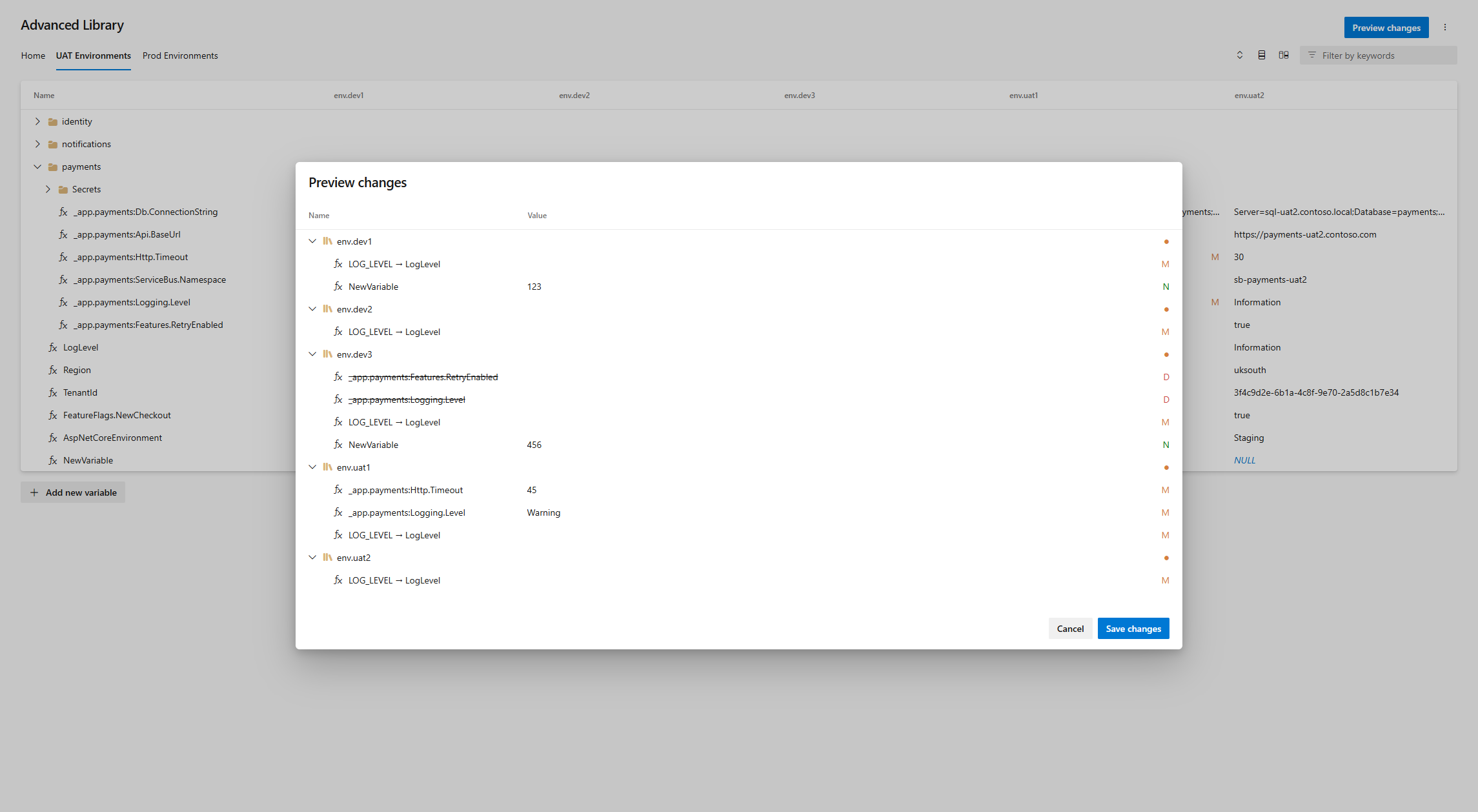 Preview changes dialog with the staged change set